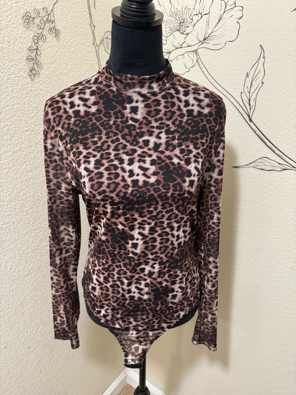 Leopard Print Mock Neck Tunic Bodysuit in Brown